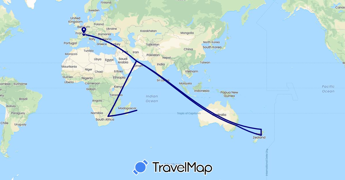 TravelMap itinerary: driving in United Arab Emirates, Australia, France, New Zealand, Réunion, South Africa (Africa, Asia, Europe, Oceania)